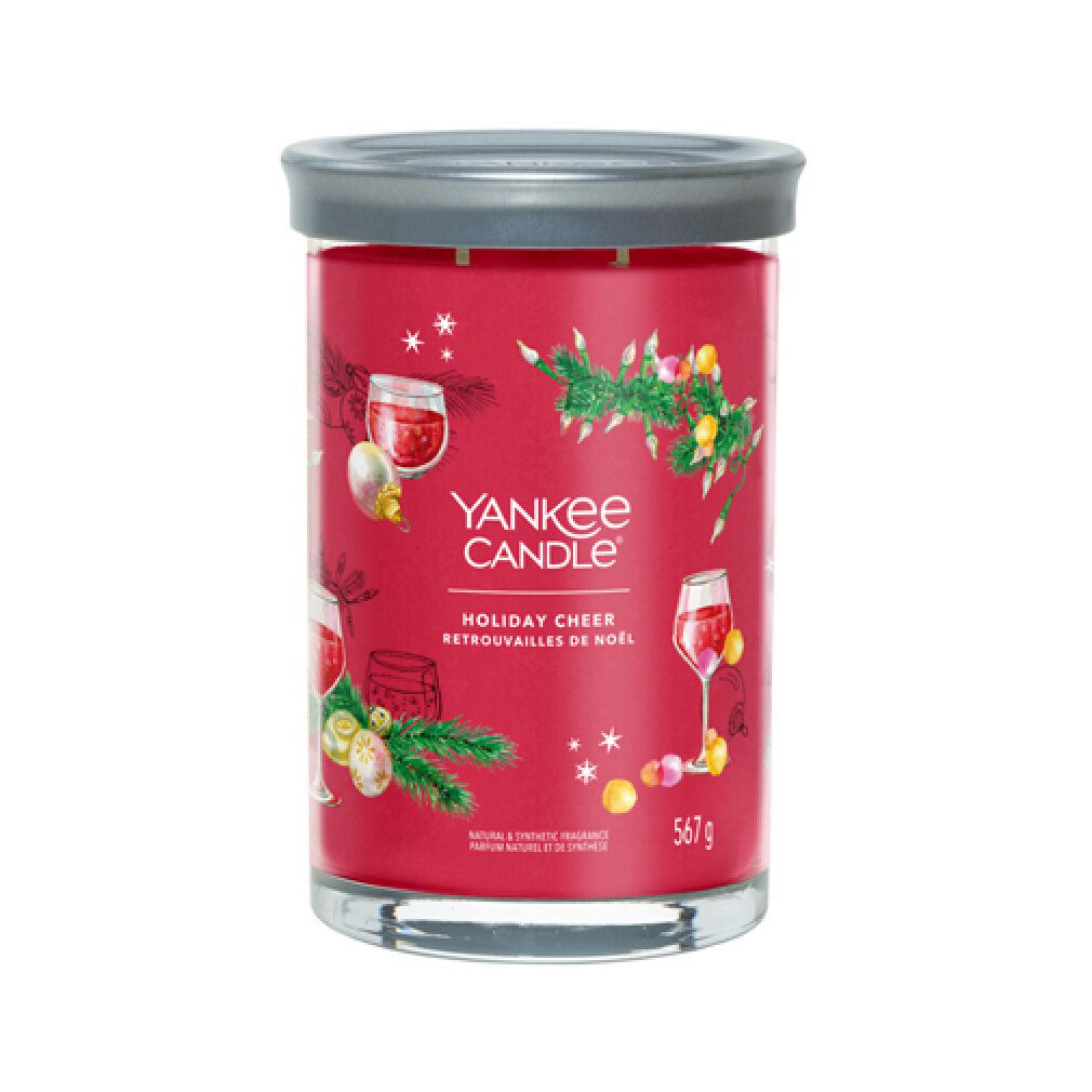 Candela Yankee Candle rossa con coperchio. Scritta Holiday Cheer. Elementi decorativi e 567g.