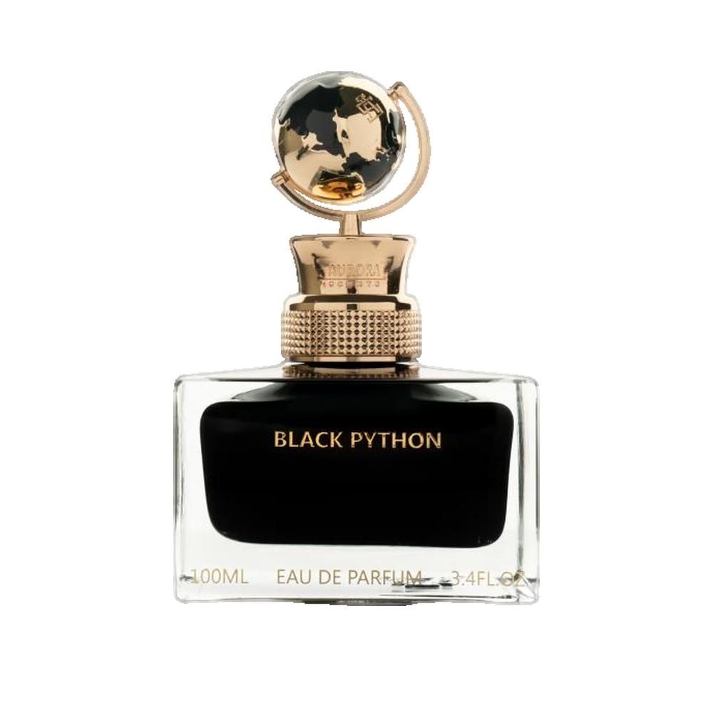 Flacone di profumo nero. Tappo dorato con globo. Scritta: BLACK PYTHON, Eau de Parfum. Contenuto: 100ml, 3.4FL.