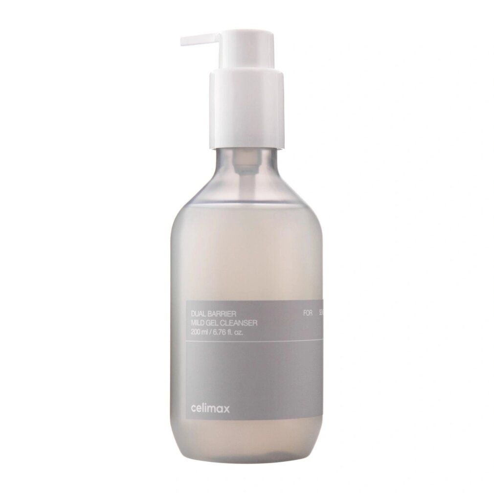 Celimax Dual Barrier Mild Gel Cleanser, 200ml, in flacone trasparente con dispenser a pompa bianco.
