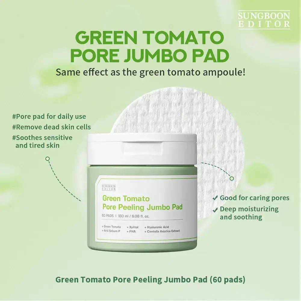 Barattolo verde con etichetta prodotto. Testo: Green Tomato Pore Peeling Jumbo Pad. Marchio: SUNGBOON EDITOR.