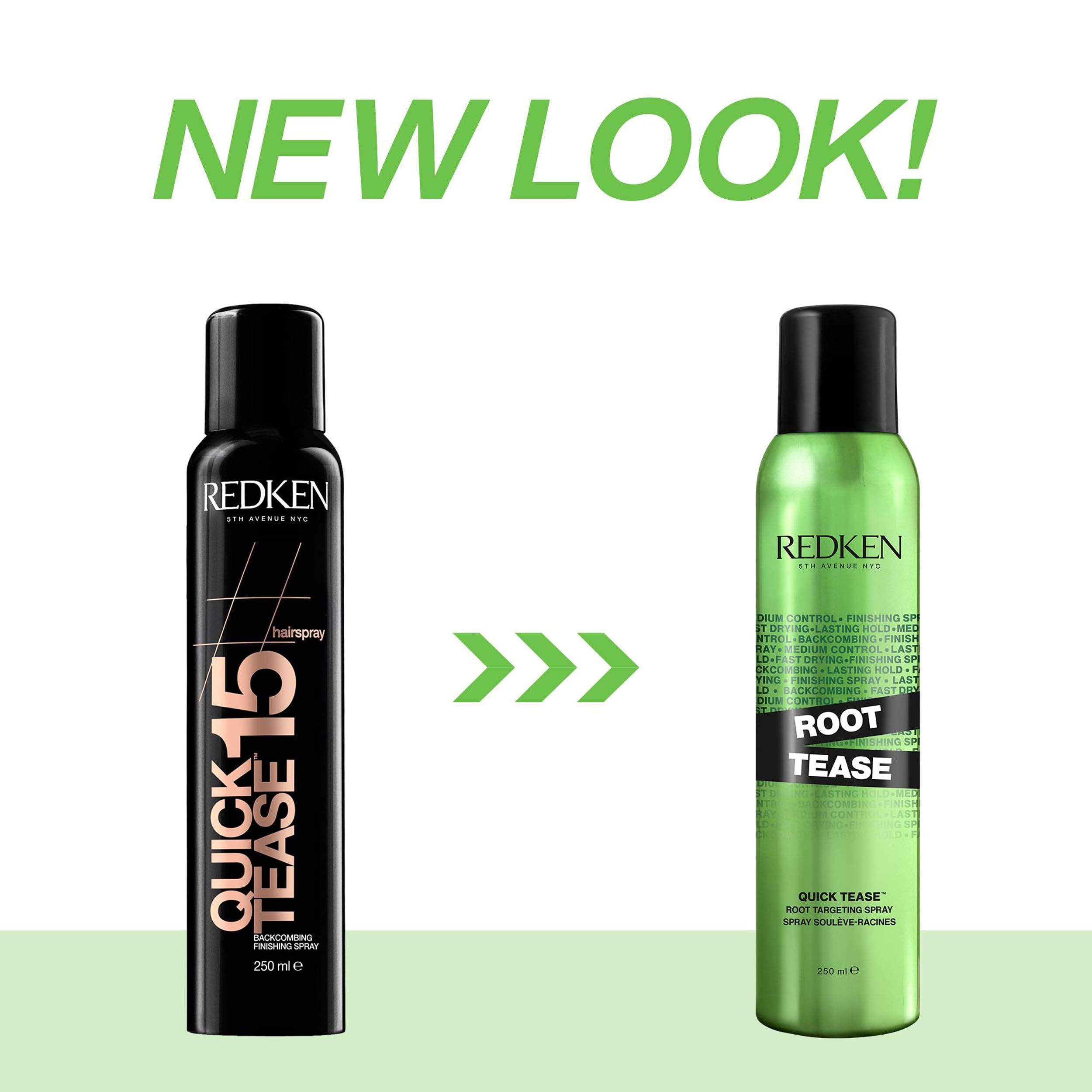 Due flaconi spray. Sinistra: Nero, Redken Quick Tease 15. Destra: Verde, Redken Root Tease Quick Tease.