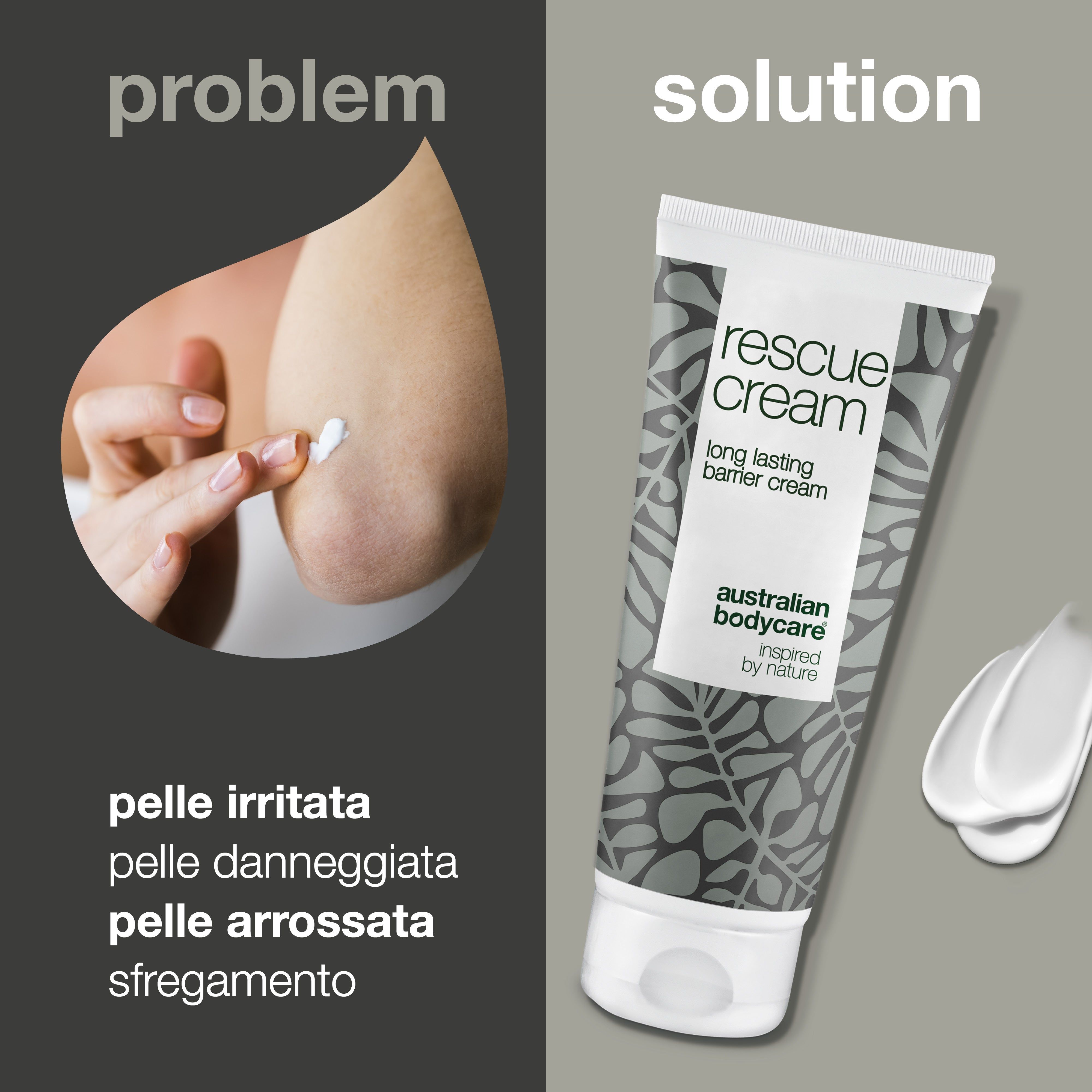 Confronto: problema e soluzione. Tubo di crema barriera. Testo: rescue cream, australian bodycare.
