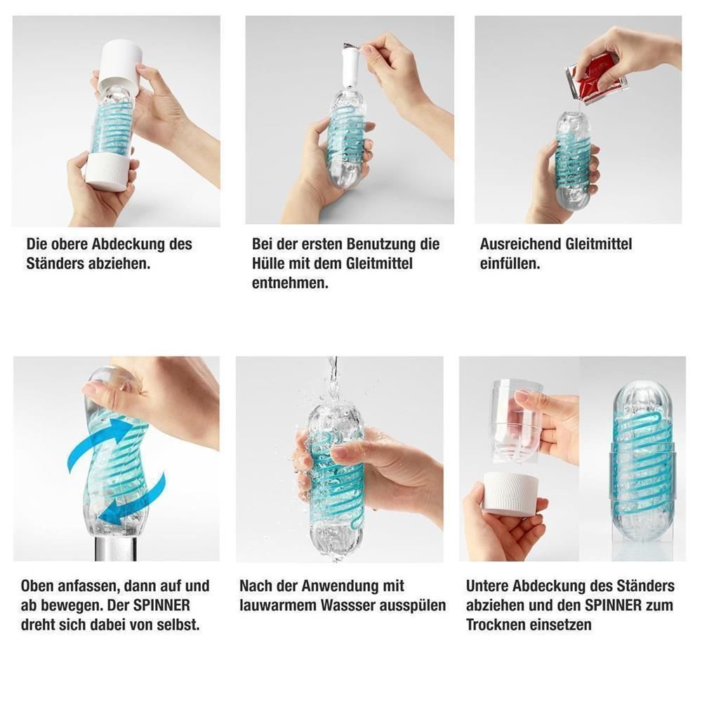 Sei immagini mostrano l'applicazione di un prodotto cilindrico trasparente. Le mani interagiscono con il prodotto e gli accessori.