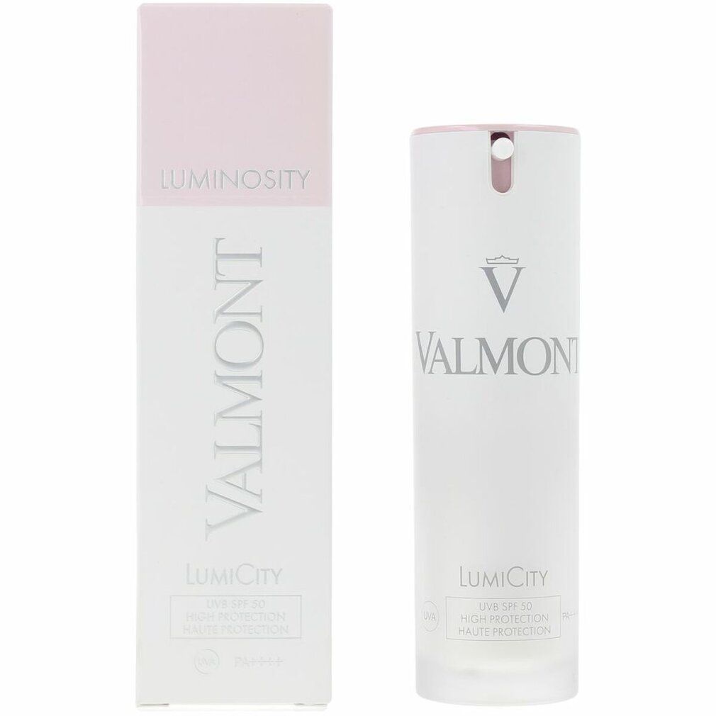 Prodotto Valmont Luminosity Lumicity SPF50 bianco con confezione. Accenti rosa. Testo: Luminosity, LumiCity, SPF 50.
