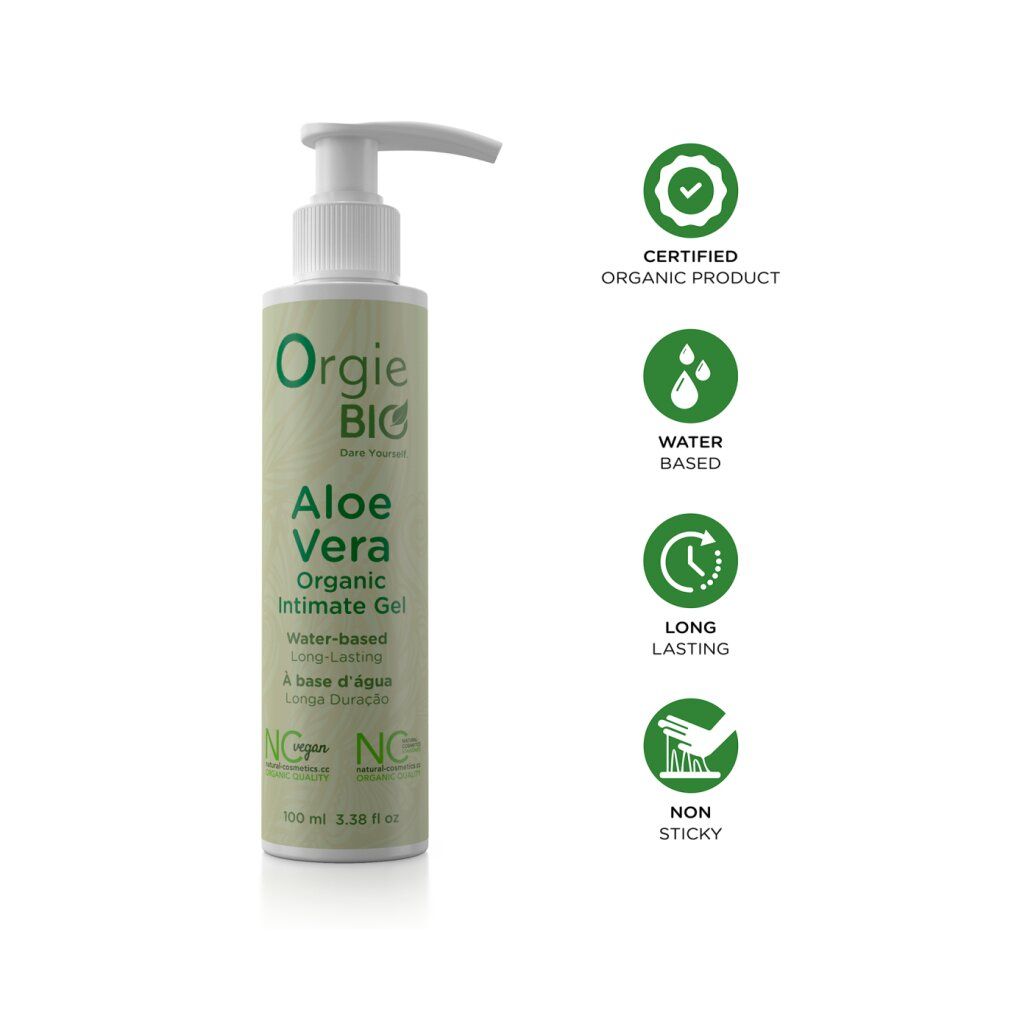 Flacone verde con dosatore. Scritta: Orgie BIO Aloe Vera Organic Intimate Gel. Sigillo vegano. Icone aggiuntive.