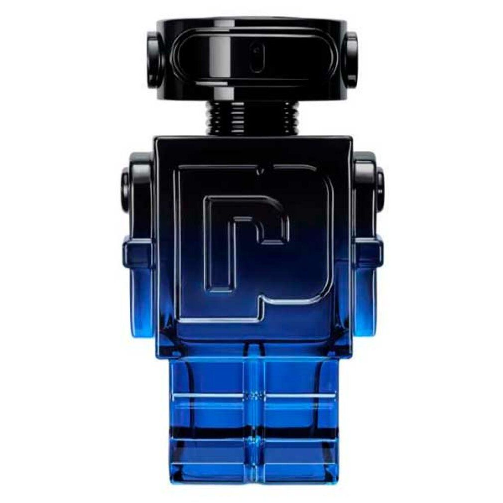 Flacone blu-nero a forma di robot. Tappo nero. Logo "P" sul davanti.