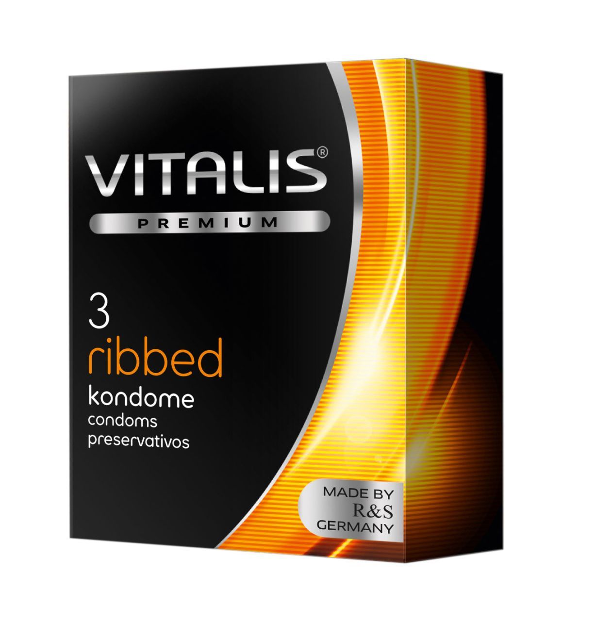 Confezione da 3 preservativi Vitalis PREMIUM Ribbed, con due bustine singole.
