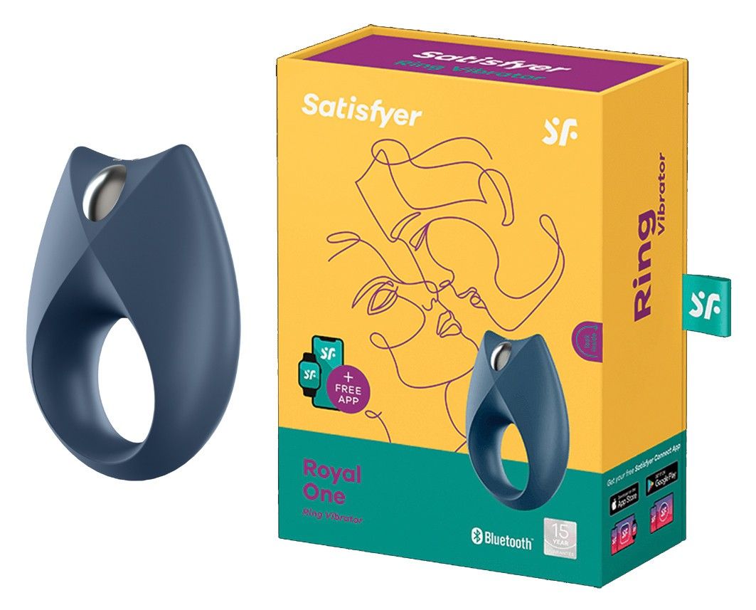 Confezione e vibratore ad anello blu scuro con elemento argentato.