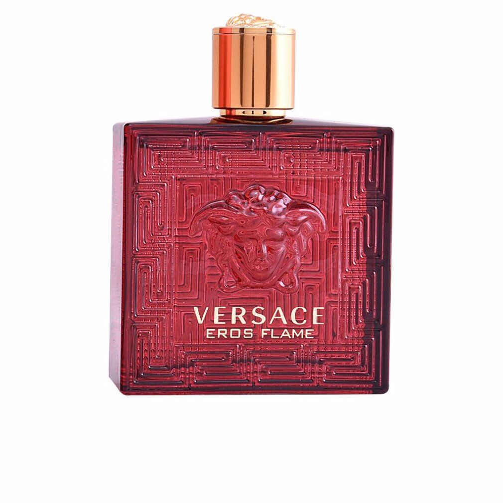 Flacone rosso con tappo dorato. Scritta EROS FLAME. Logo Versace. Forma quadrata con motivo in rilievo.