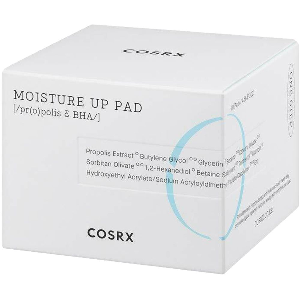 Confezione quadrata bianca. Scritta: MOISTURE UP PAD, ingredienti. Marchio COSRX.