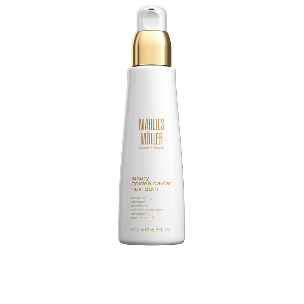 Flacone bianco con tappo dorato. Scritta: Marlies Möller, Luxury Golden Caviar Hair Bath. 200ml/6.8FL.OZ.