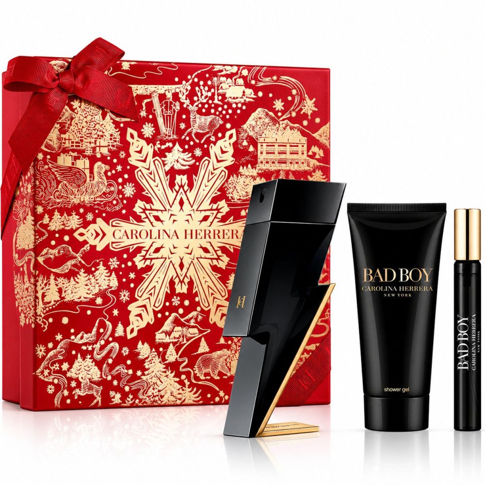 Set regalo Carolina Herrera Bad Boy con flacone di profumo, bagnoschiuma e vaporizzatore da viaggio.