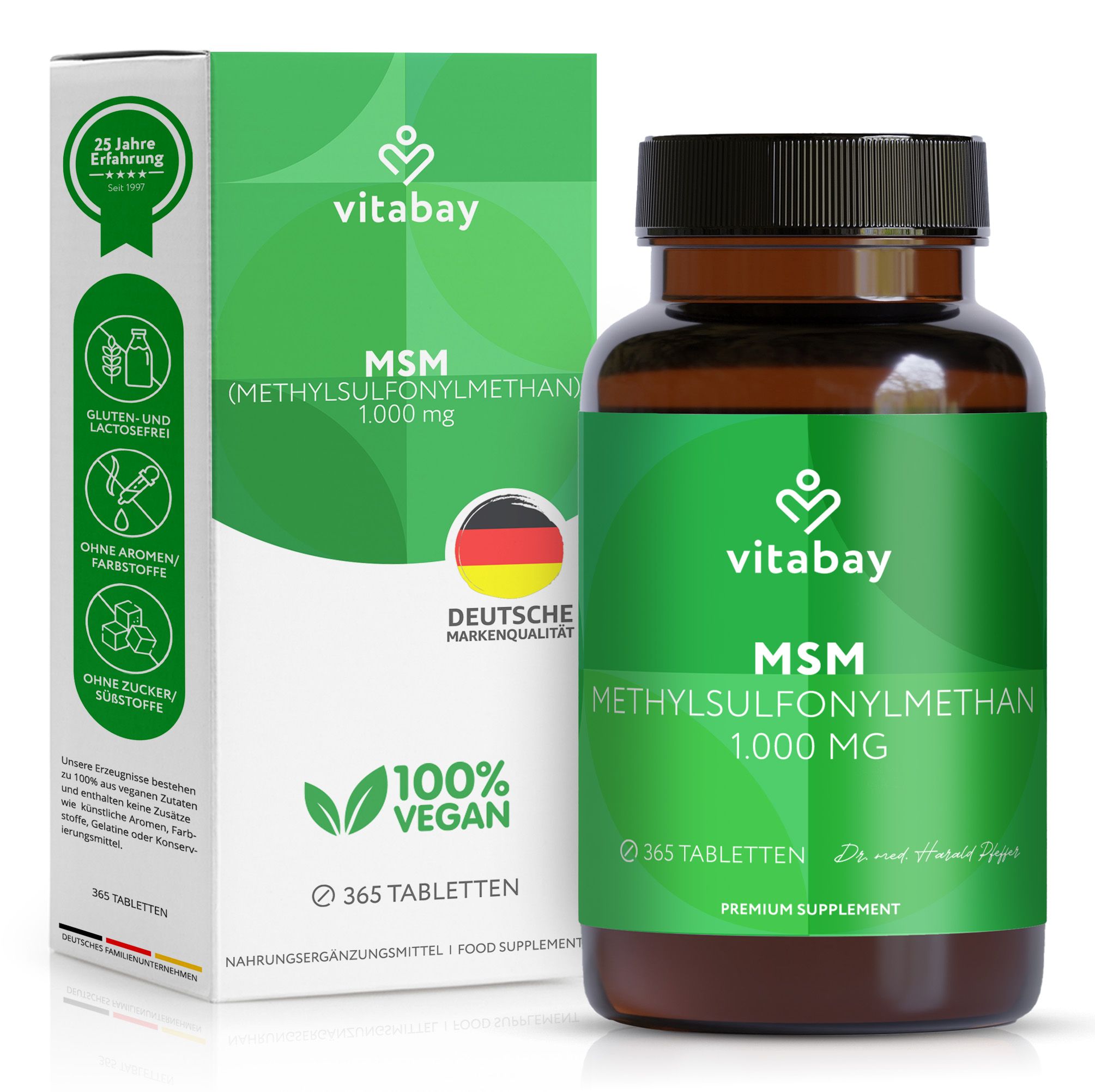 Vitabay MSM 1000 mg, compresse in flacone e scatola. Scritte: 100% Vegan, 365 compresse, senza glutine e lattosio.