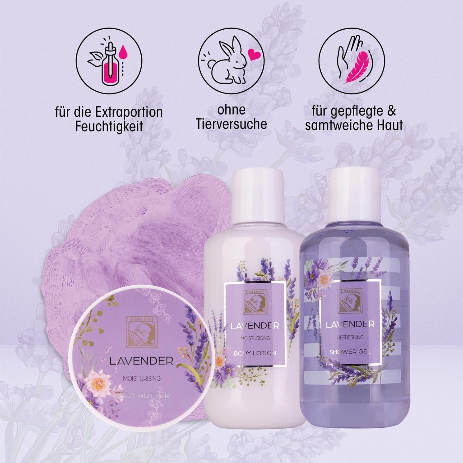 Set doccia alla lavanda con gel doccia, lozione per il corpo e crema. Include anche una spugna. Senza crudeltà.