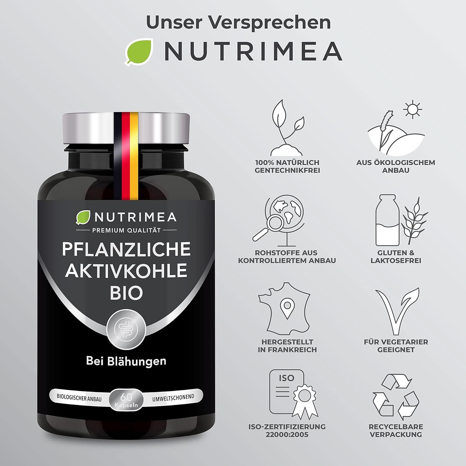 Flacone di carbone attivo BIO con bandiera tedesca. Simboli: 100% naturale, senza OGM, da agricoltura biologica, ecc.