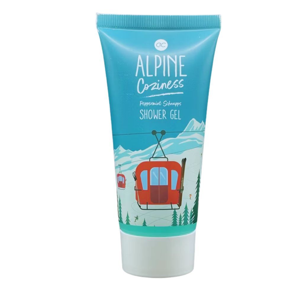 Tubo turchese di gel doccia. Stampa: funivia, montagne, scritta Alpine Coziness e Shower Gel.