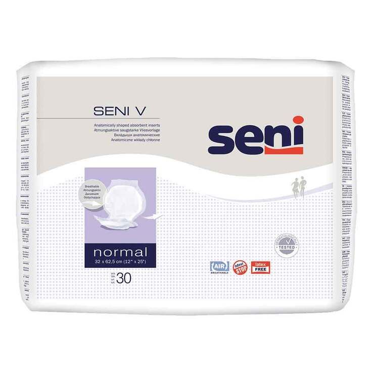 Confezione di inserti Seni V Normal. Marchio Seni, nome prodotto, quantità 30, dimensioni.