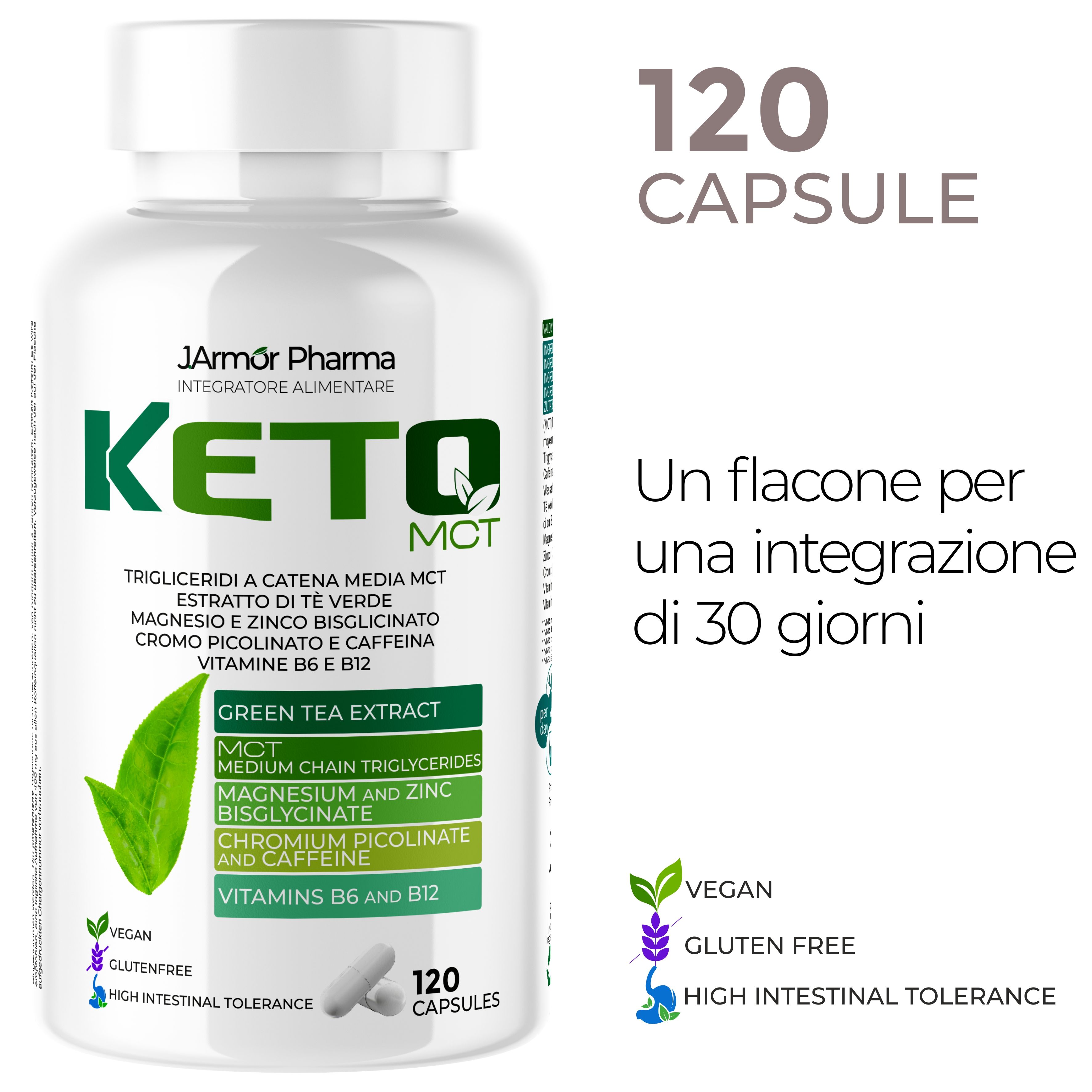 Flacone bianco con scritte verdi e bianche. Contiene 120 capsule. Testo: Keto MCT, J.Armor Pharma.