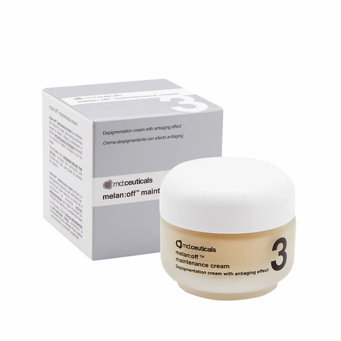 Vasetto di crema e scatola. Scritta: md:ceuticals melan:off maintenance cream. Numero 3. Testo: Crema depigmentante con effetto anti-età.