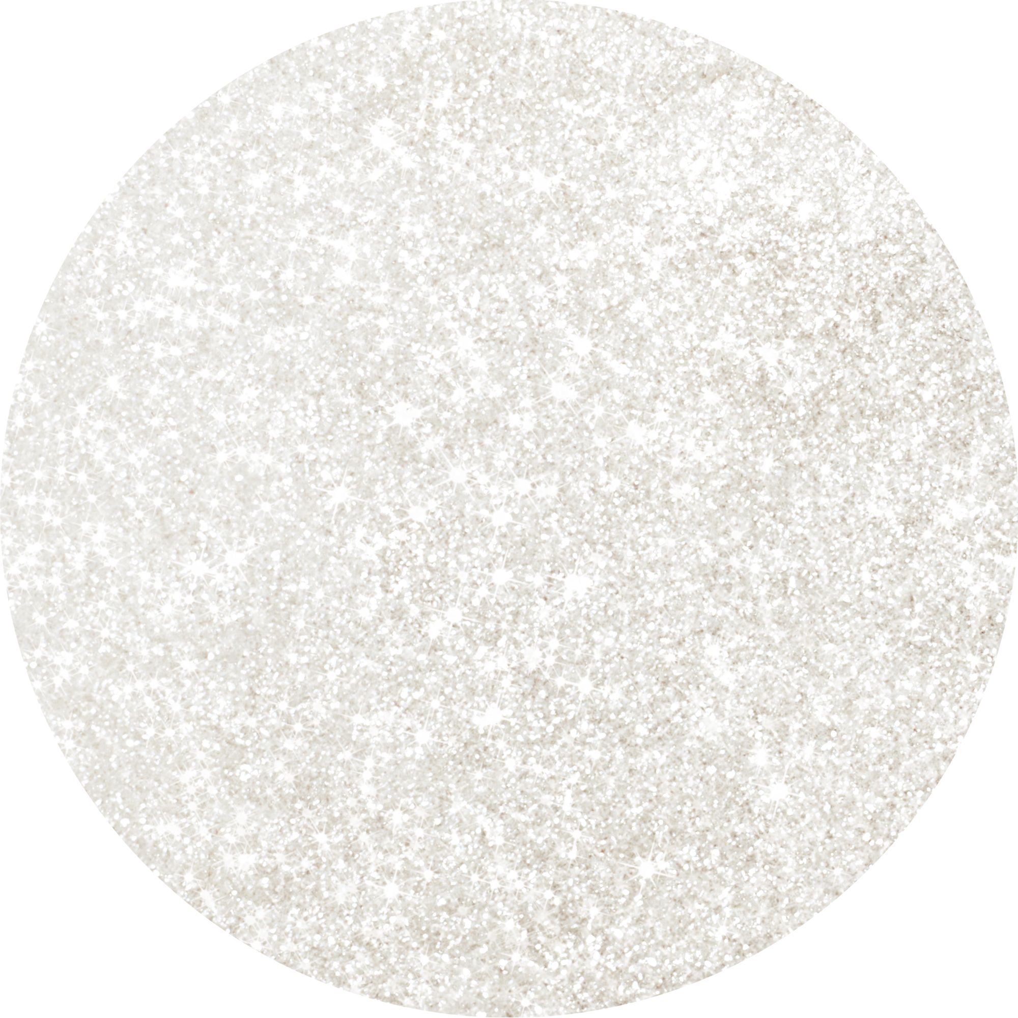Un mucchio circolare di ombretto bianco-argento scintillante. La texture è fine e cangiante. Non ci sono marchi o loghi visibili.