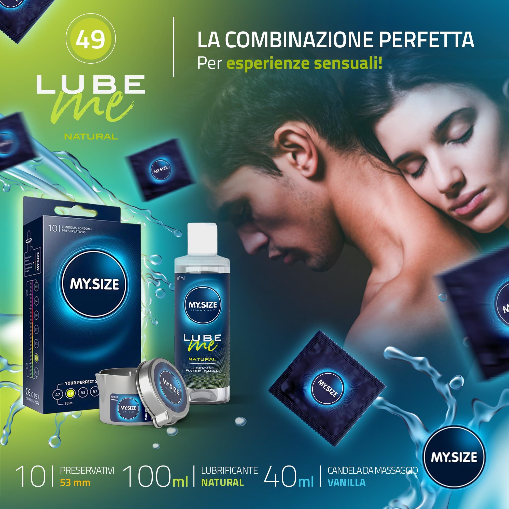 MY.SIZE PRO Preservativi + LUBE ME Natural + Body Candle Set