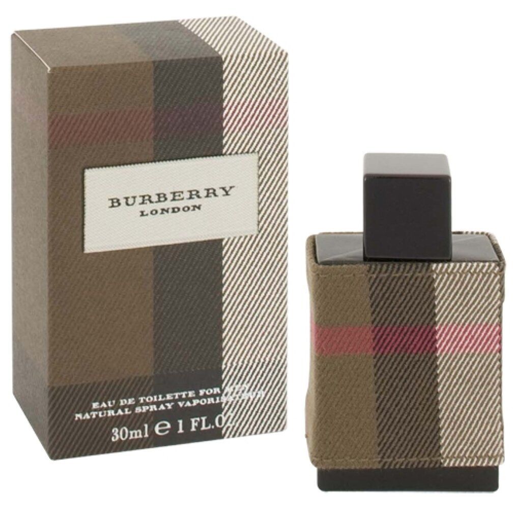 Burberry London Men Eau de Toilette Spray e confezione. Flacone con tessuto a quadri. Scatola marrone con logo.