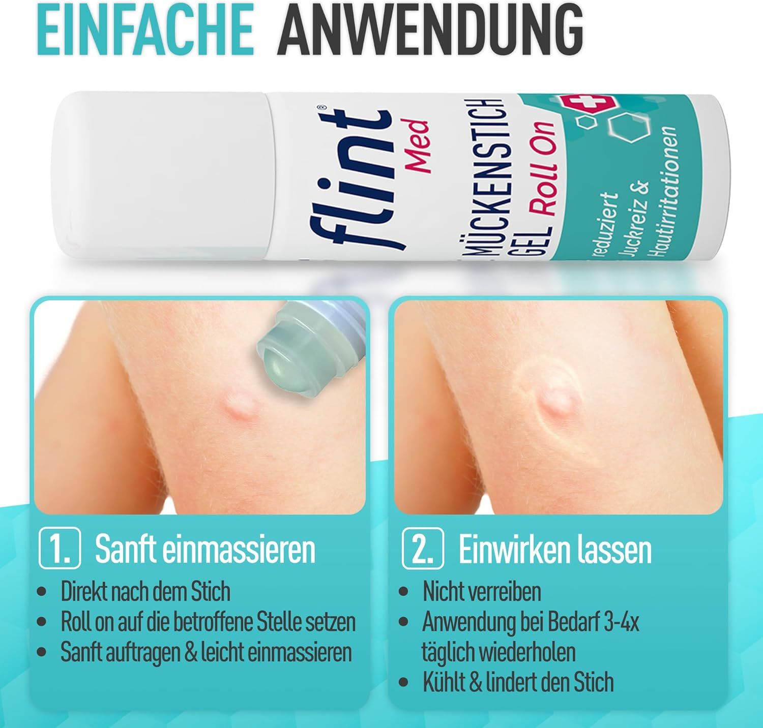 Esempi di applicazione di flint Mückenstich Gel Roll On. Fase 1: Massaggiare delicatamente. Fase 2: Lasciare agire. Testo: Applicazione facile.