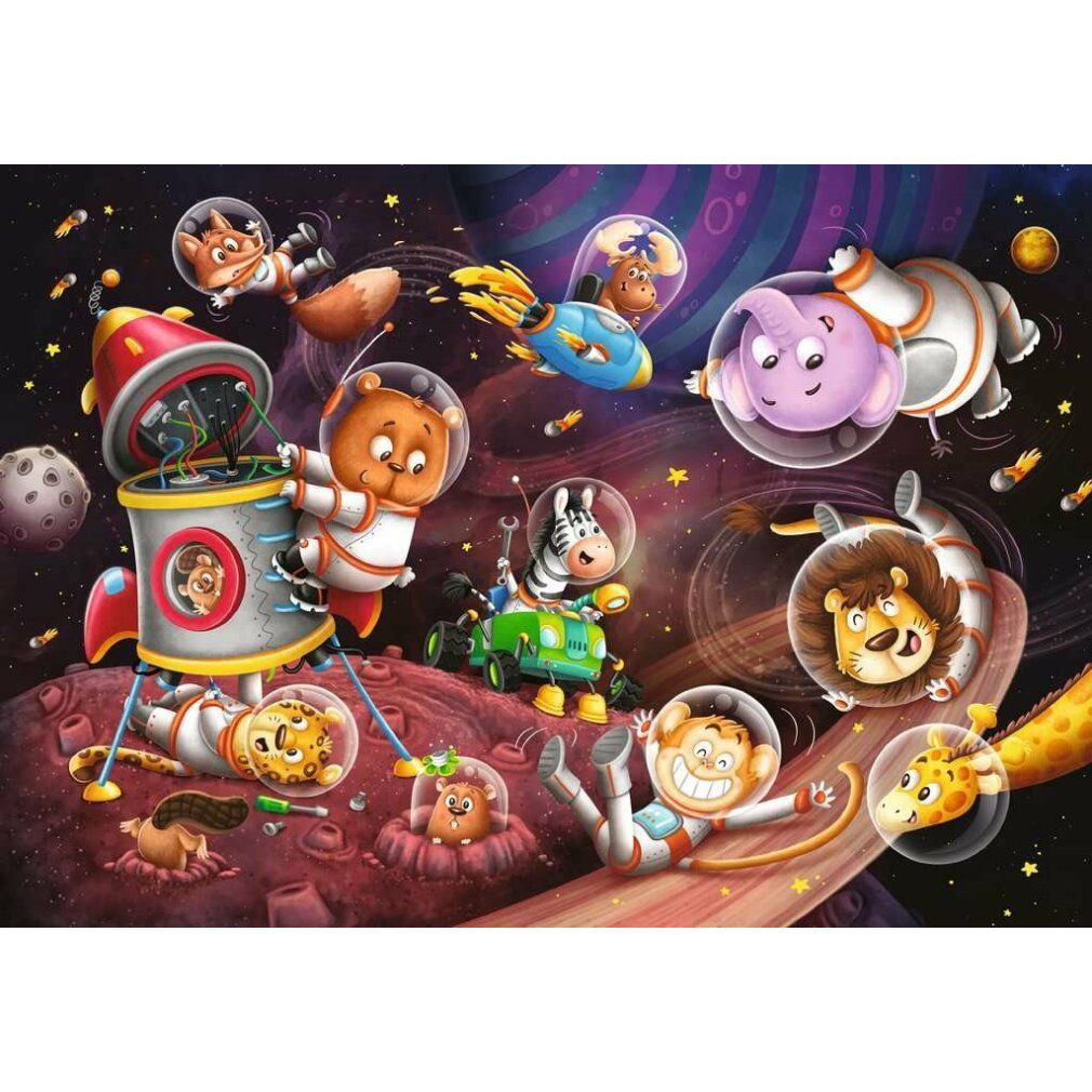 Puzzle con motivo spaziale. Animali in tute spaziali su un pianeta. Razzo, scimmia, leone, zebra e giraffa visibili.