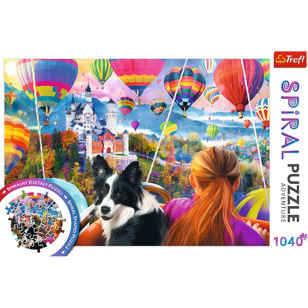 Puzzle da 1040 pezzi. Confezione con immagine di mongolfiere, castello e cane. Marchio Trefl.
