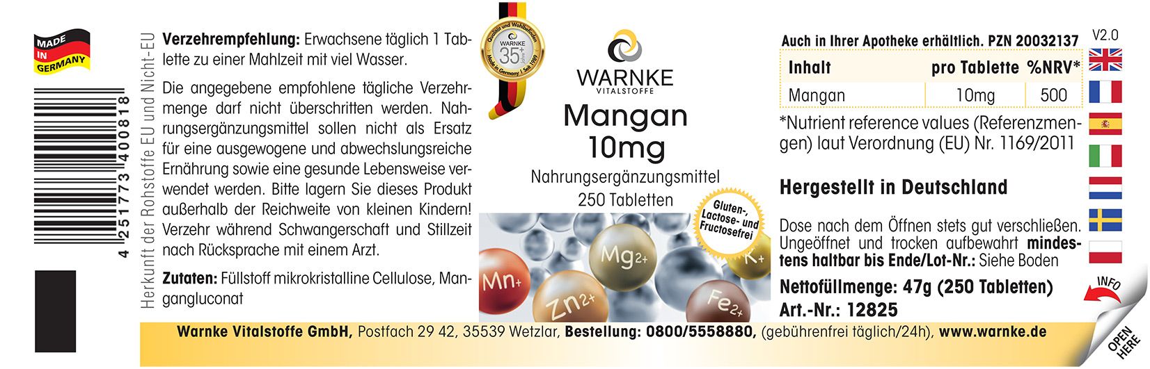Etichetta con testo: Mangan 10mg, 250 compresse. Logo Warnke Vitalstoffe. Prodotto in Germania. Ingredienti e informazioni nutrizionali.