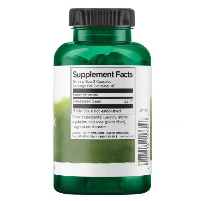 Retro del flacone verde. Scritta: Supplement Facts, Semi di fieno greco, 1,22 g, ingredienti, 45 porzioni.