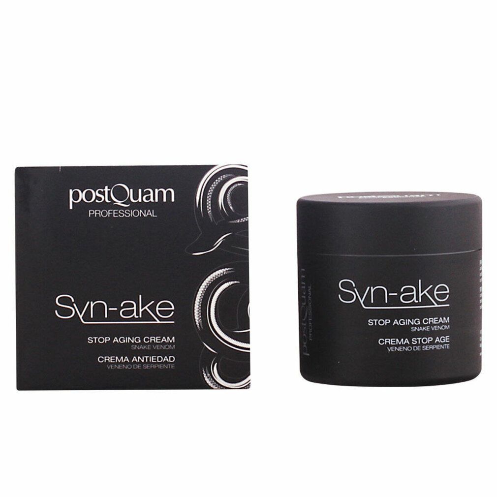 Barattolo e scatola neri. Scritta: Syn-ake, Stop Aging Cream. Marchio: postQuam.