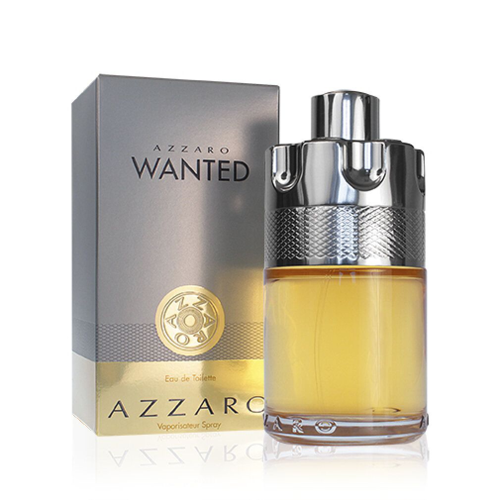 Flacone di profumo e confezione. Flacone cilindrico argento e oro. Confezione argento e oro con scritta WANTED e AZZARO.