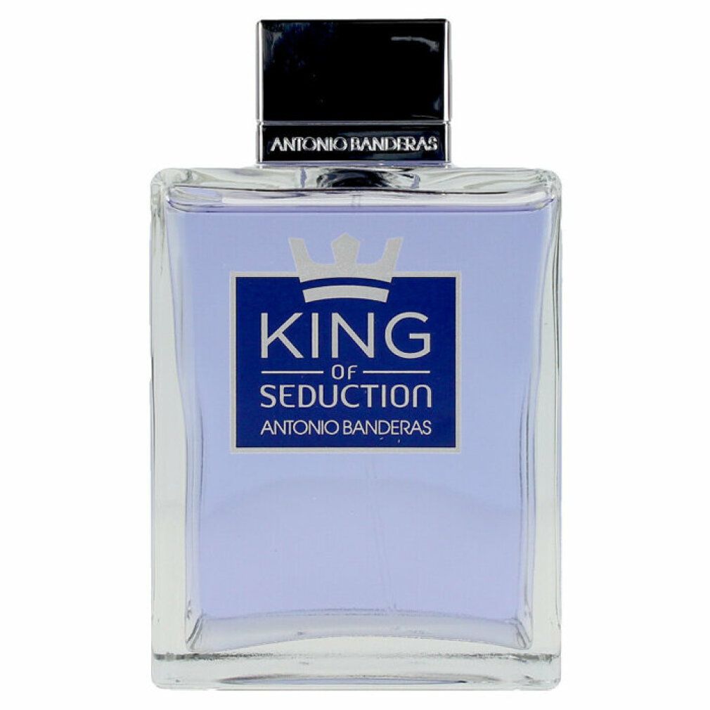 Flacone quadrato con scritta: King of Seduction, Antonio Banderas. Tappo argentato.