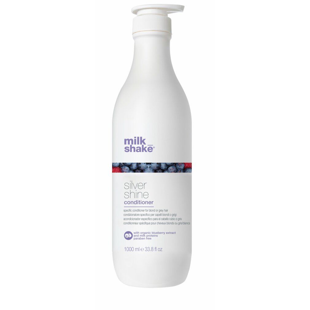 Flacone bianco con dosatore. Scritta: milk_shake Silver shine conditioner. Contiene estratto di mirtillo. 1000 ml.