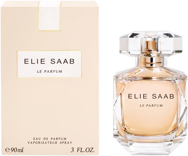 Flacone e confezione Elie Saab Le Parfum EdP Nat. Spray. Flacone con tappo dorato.