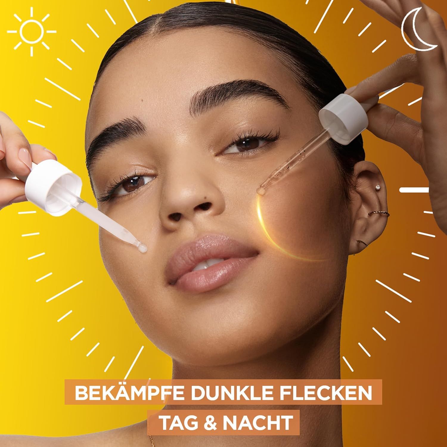 Viso di donna con applicatore di siero. Testo: Combatti le macchie scure giorno e notte. Simboli sole e luna.