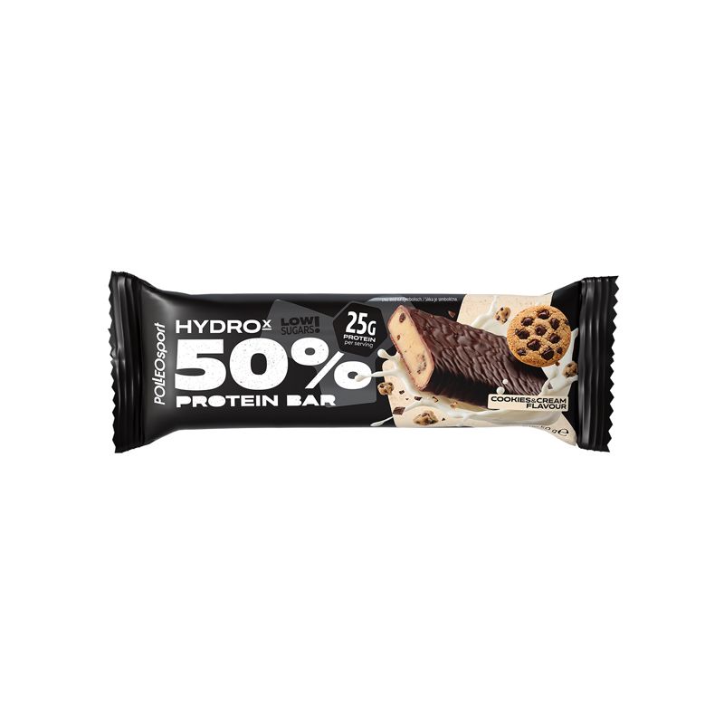 Confezione singola di barretta proteica. Scritta: Hydrox 50% Protein Bar, 25g proteine. Cookies & Cream.