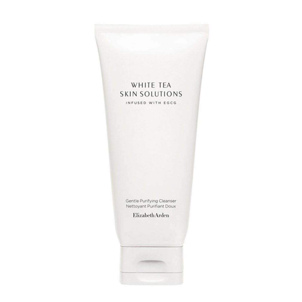 Tubo bianco con scritta White Tea Skin Solutions. Contiene Gentle Purifying Cleanser di Elizabeth Arden.