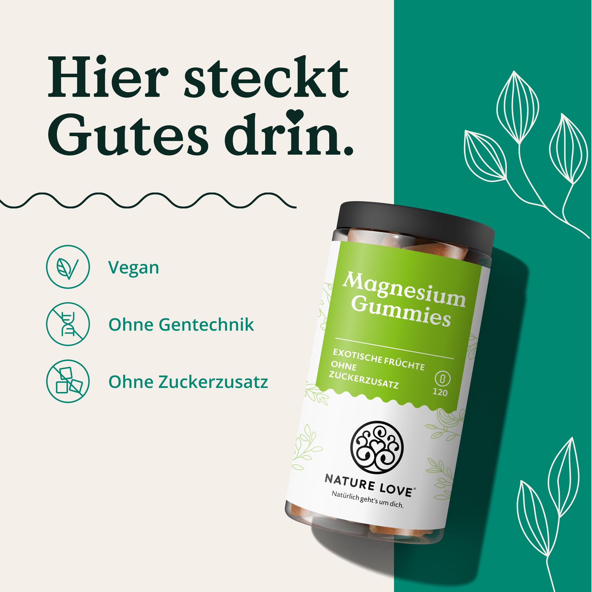 Tre icone: Vegano, Senza OGM, Senza zuccheri aggiunti. Accanto, un barattolo di caramelle gommose al magnesio.