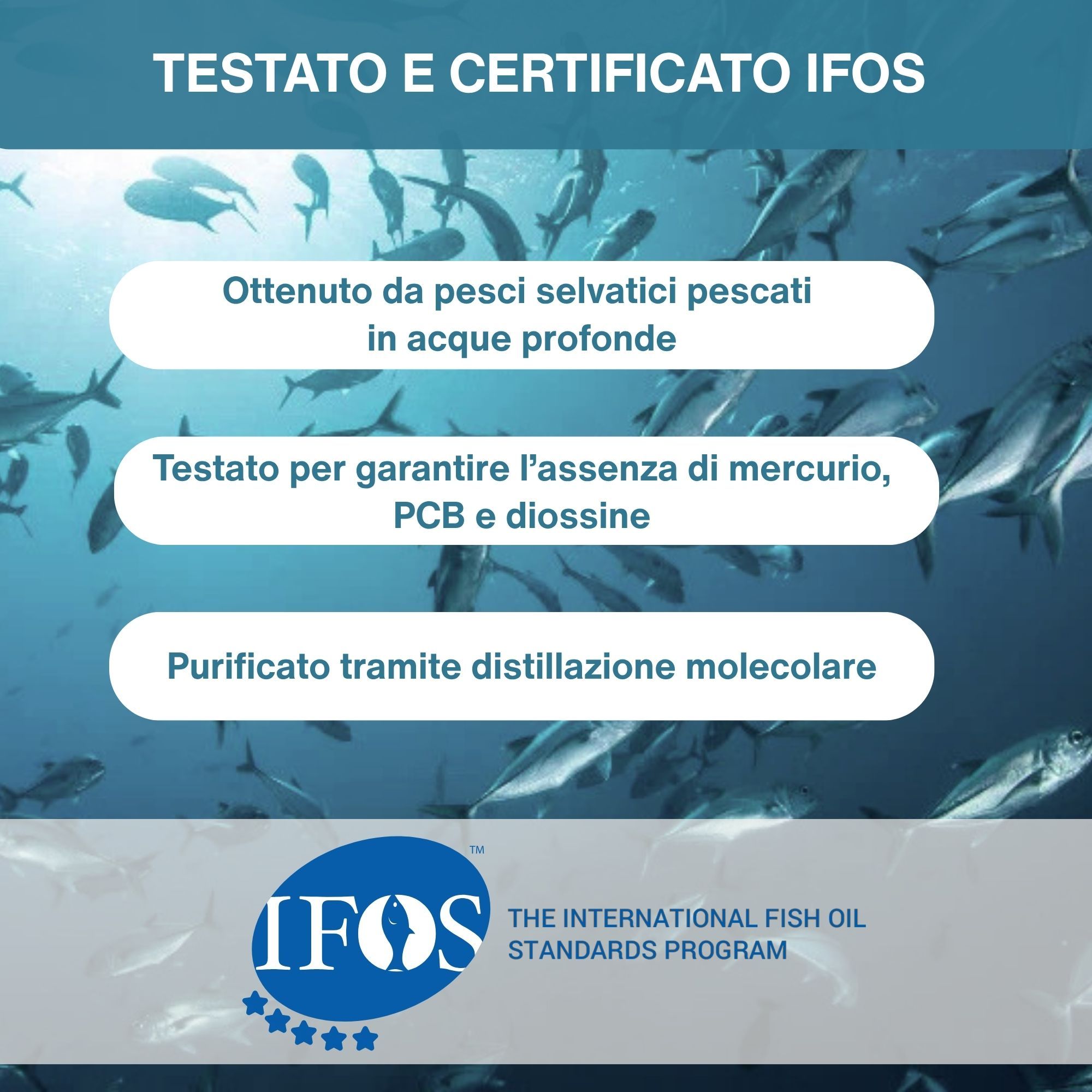 Certificazione IFOS per Igennus Omega-3: purezza, pesca sostenibile, distillazione molecolare.