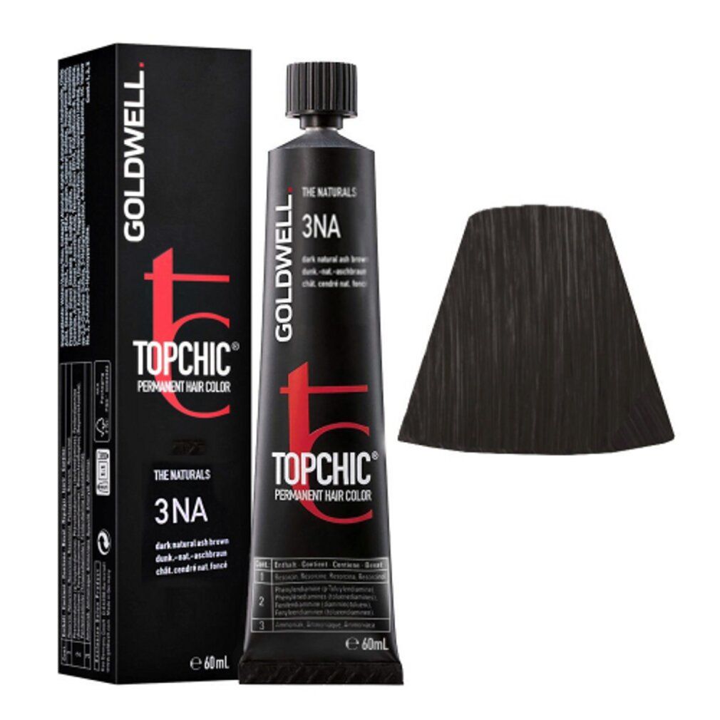 Goldwell Topchic, castano cenere scuro. Tubo e scatola, ciocca di colore.