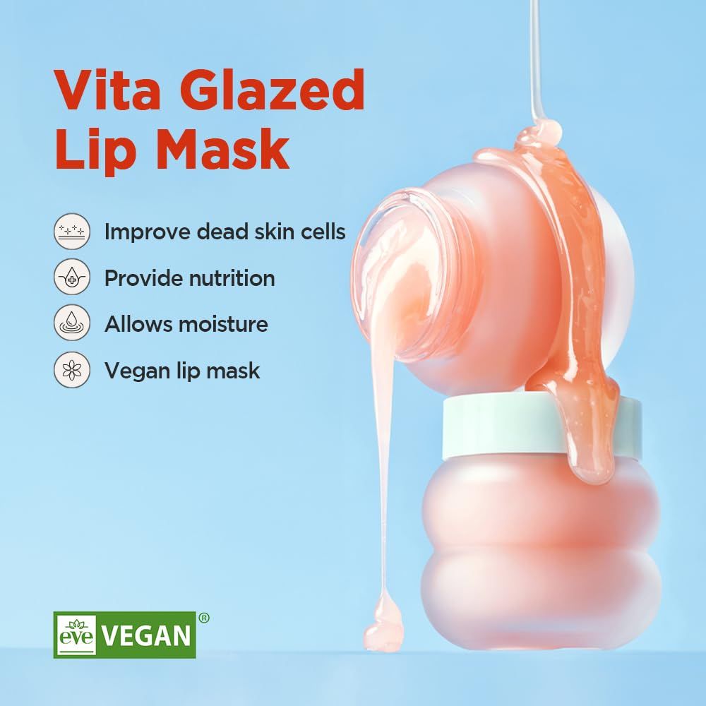 Prodotto che fuoriesce da un barattolo. Testo: « Vita Glazed Lip Mask ». Sigillo vegano. Caratteristiche: miglioramento delle cellule cutanee.