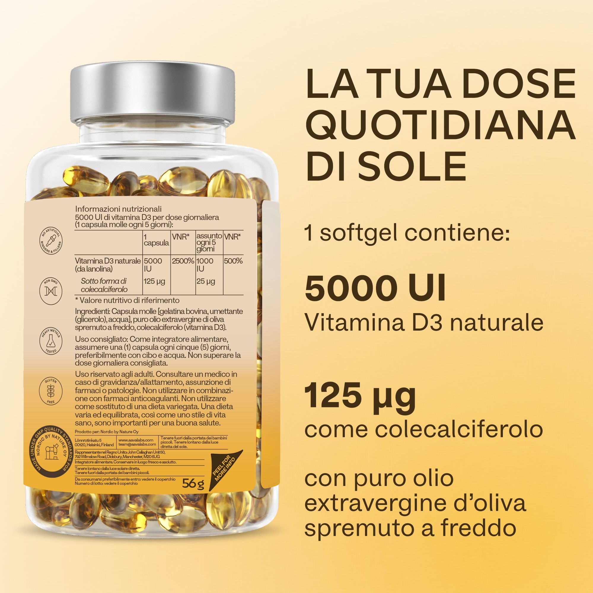 Flacone di Aavalabs Vitamina D3 Softgels con testo italiano sulla dose giornaliera.