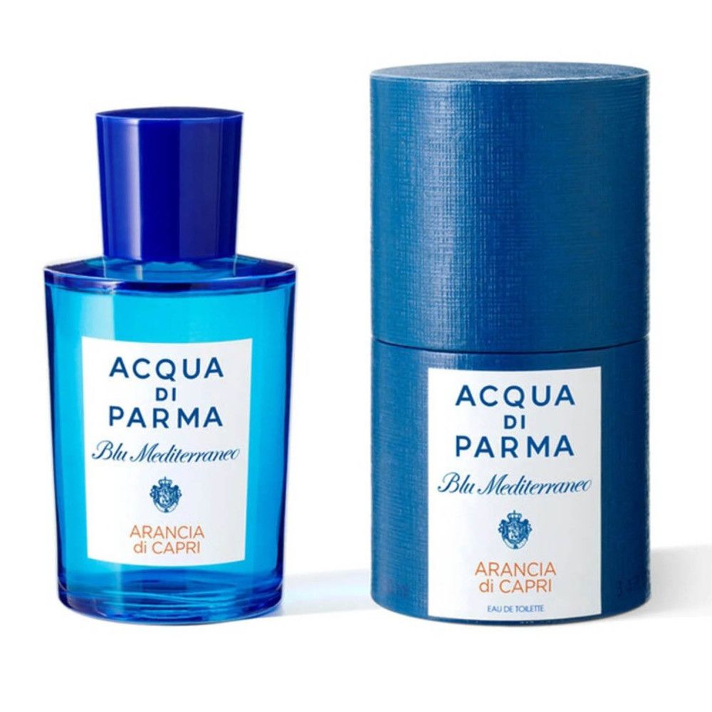 Flacone di profumo blu e confezione cilindrica. Scritta: ACQUA DI PARMA, Blu Mediterraneo, Arancia di Capri.