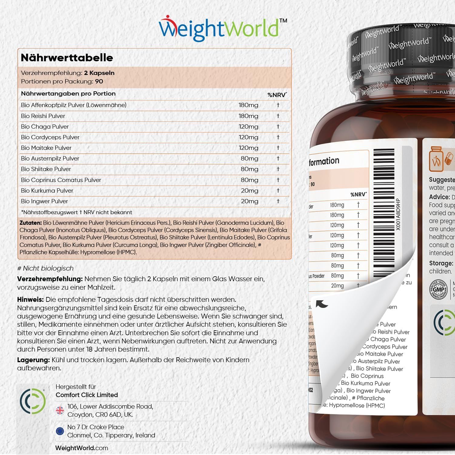Tabella nutrizionale e flacone del prodotto. Scritta: WeightWorld. Informazioni sugli ingredienti e il dosaggio. Flacone: BIO Pilz Komplex.