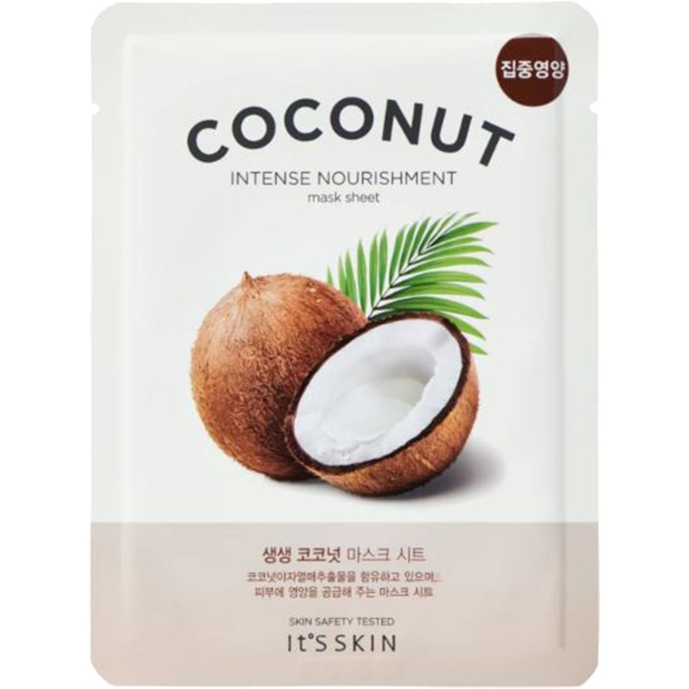 Maschera viso con motivo cocco. Testo: COCONUT, INTENSE NOURISHMENT, IT'S SKIN. Immagine: cocco, foglie.