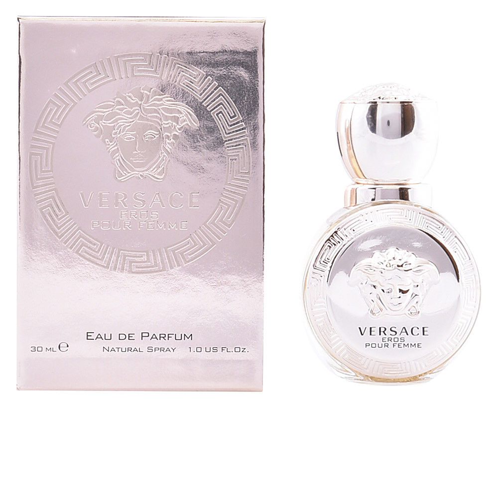 Flacone e confezione Versace Eros Pour Femme. Flacone e scatola argentati con logo e scritta.