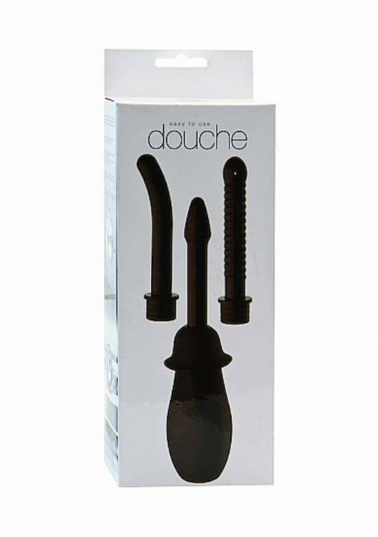 Kit per doccia anale nero in confezione. Include una sacca e tre accessori. Sulla confezione è scritto "douche".