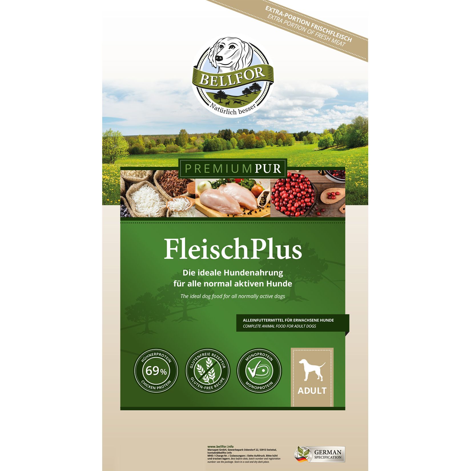 Bellfor Cibo per Cani Senza Glutine con Alto Contenuto di Carne - PREMIUM PUR CarnePlus